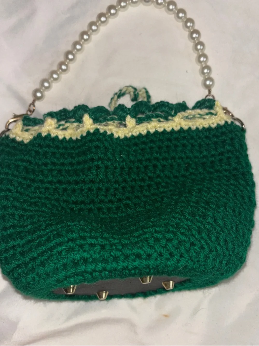 Handcrafted Green Crochet Drawstring hand Bag with Pearl Handle fairy floral